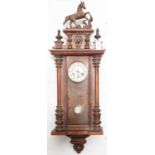 A walnut Vienna wall clock, c1900, with painted composition prancing horse cresting, gridiron