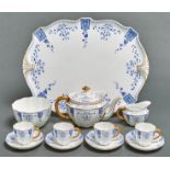 A Royal Crown Derby blue and white cabaret set, 1890 and circa, with gilt rope handles, tray 45.