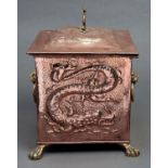 An Arts and Crafts copper repousse coal box and cover, early 20th c, the cover and sides worked with