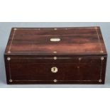 A rosewood writing box, c1850, steel wire strung with mother of pearl roundels to corners and