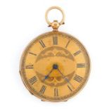 A Swiss gold cylinder lady's watch, late 19th c, with engraved gilt dial and case back, 36mm, marked