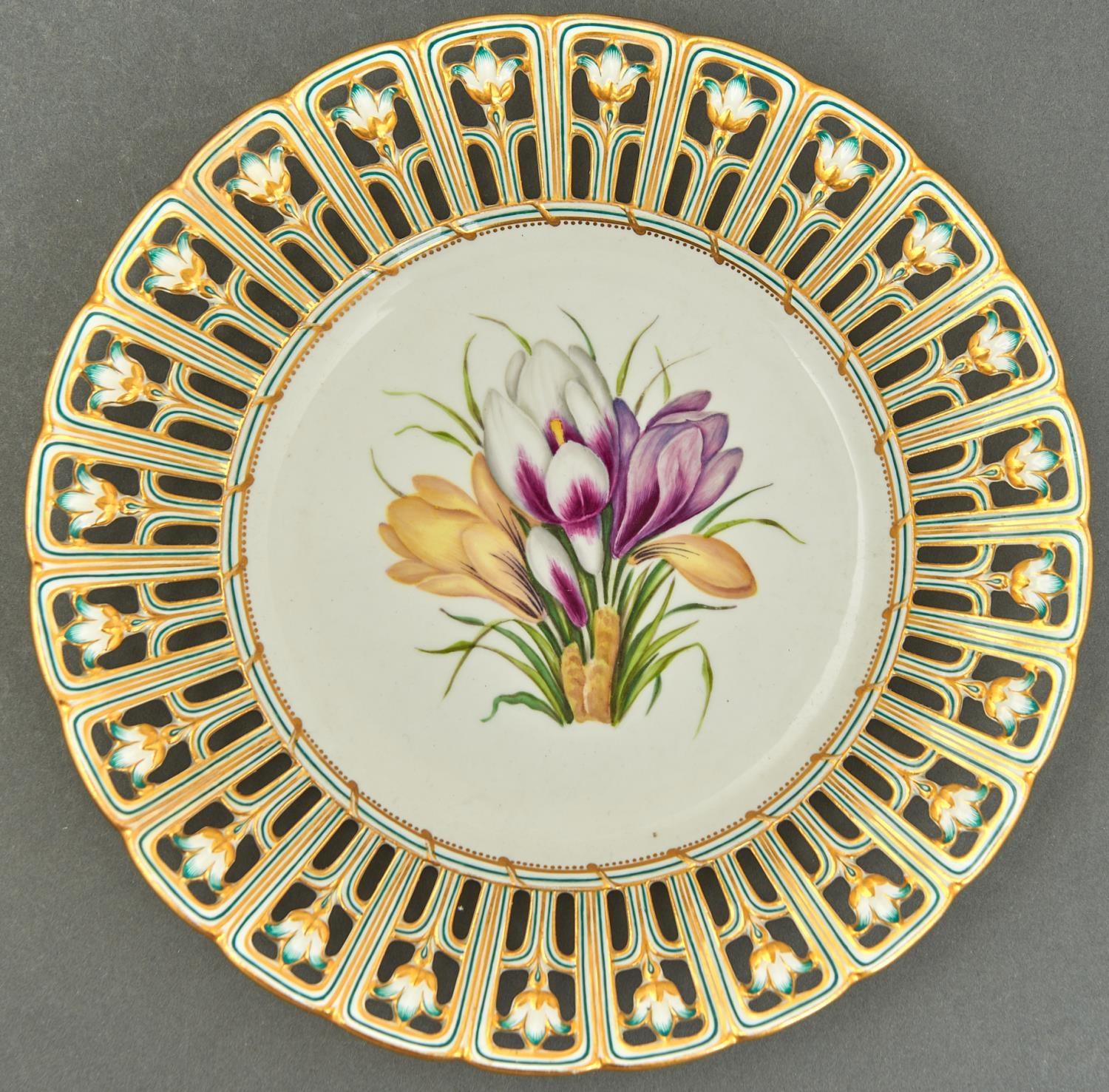 A Minton reticulated Devon shape botanical dessert plate, c1840, painted with crocuses, 23.5cm diam,