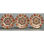 A set of three Royal Crown Derby Imari pattern plates, 1977 and 82, 21.5cm diam, printed mark Good