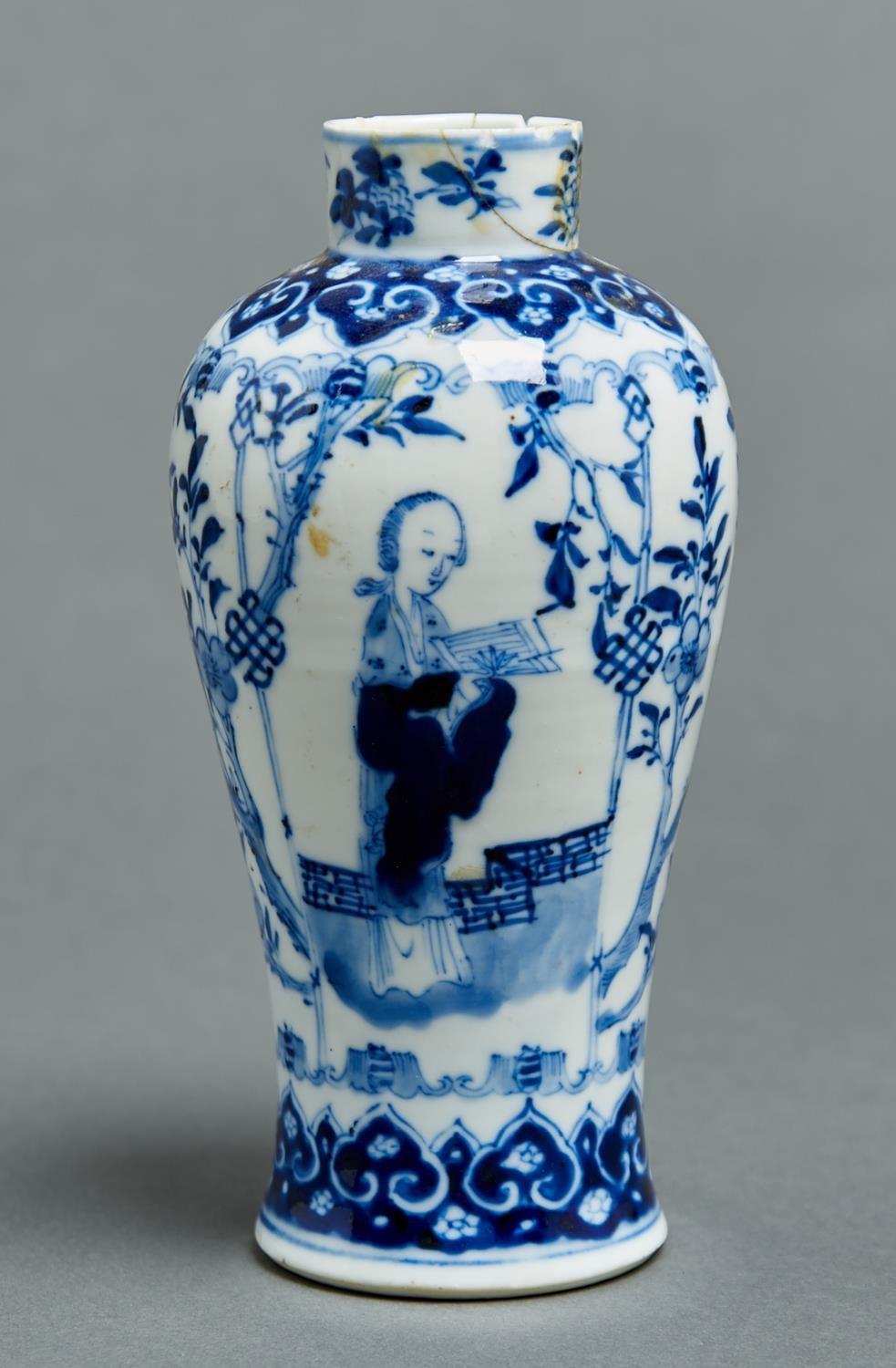 A Chinese blue and white vase, Kangxi mark, late Qing dynasty, painted with the full length figure