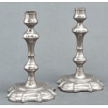 A pair of nickel plated brass mushroom knopped candlesticks, 19th c, 19cm h Painting blistered in