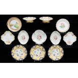 A pair of John Ridgway yellow ground bone china dessert stands and three plates, c1840, painted with