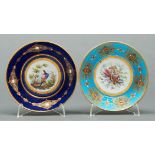 Two French jewelled porcelain cabinet saucers, late 19th c, in Sevres style, painted with a bird