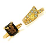 A smoky citrine ring in 9ct gold, Birmingham 1995 and a peridot ring in 9ct gold, 7.5g, size N (2)