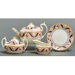 A Minton teapot and cover, sucrier and cover, cream jug and saucer dish, c1810, painted with a