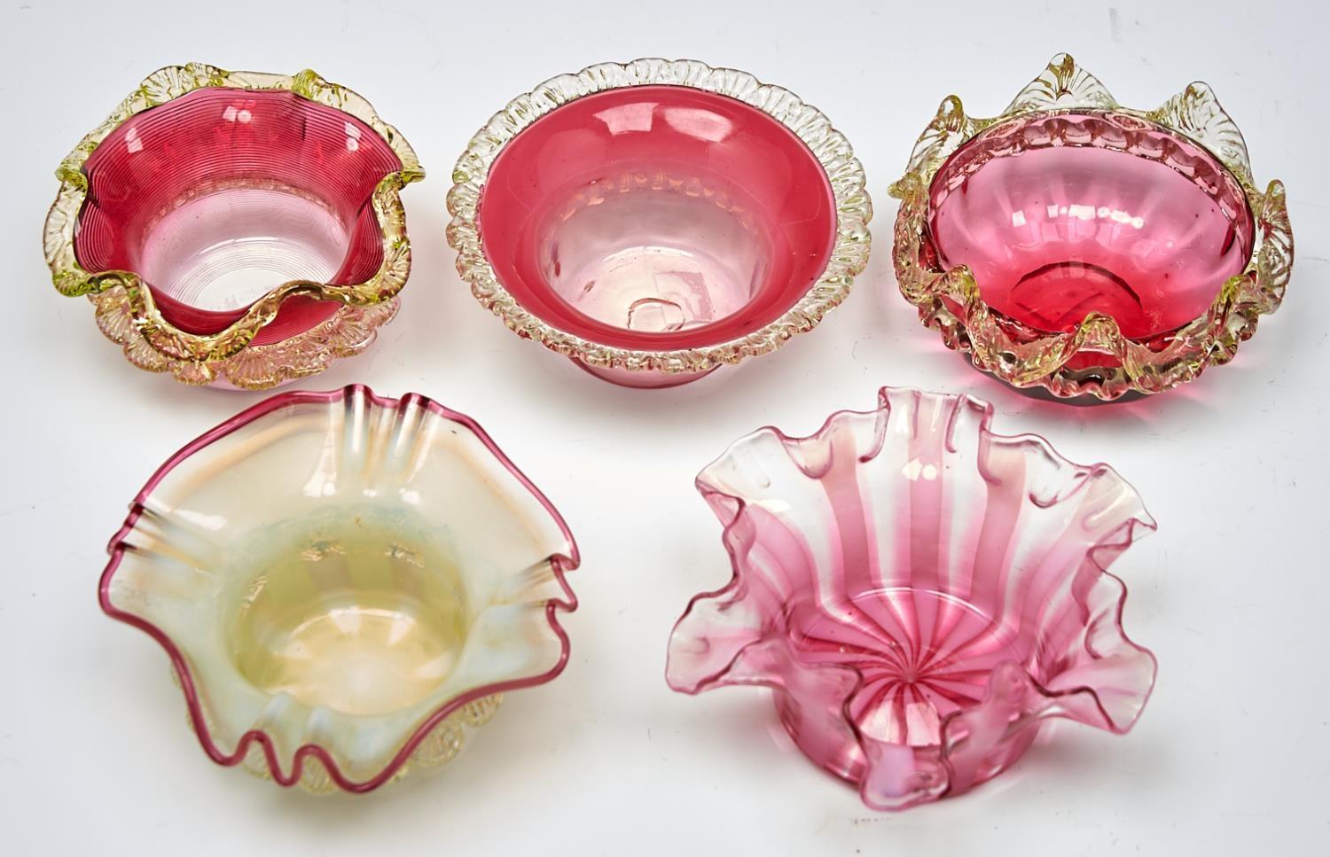 Five cranberry tinted and semi opalescent glass jam dishes, c1900, 12cm diam and circa None damaged - Image 2 of 2