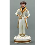 A Staffordshire bone china figure of a Dandy, possibly Samuel Alcock, c1820, on round gilt base,
