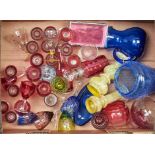Miscellaneous coloured glassware, to include two yellow and white flecked spill vases, crackle glass