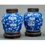 A pair of Chinese blue and white prunus-on-cracked-ice jars, Qing dynasty, 19th c, 20cm h, wood
