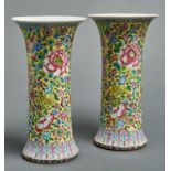 A pair of Chinese yellow ground famille rose sleeve vases, 20th c, 31cm h Good condition