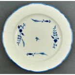 A Chantilly blue and white plate, c1790, with osier moulded border and lobed rim, 24cm diam, incised