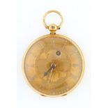 A Victorian 18ct gold lever watch with engraved dial, in engine turned case, gold bow, 42mm,