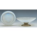 An Art Deco semi opalescent dahlia moulded glass bowl on plated metal foot and matching stand,