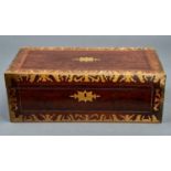 A Victorian brass inlaid rosewood writing box, mid 19th c, the fitted interior with gilt tooled