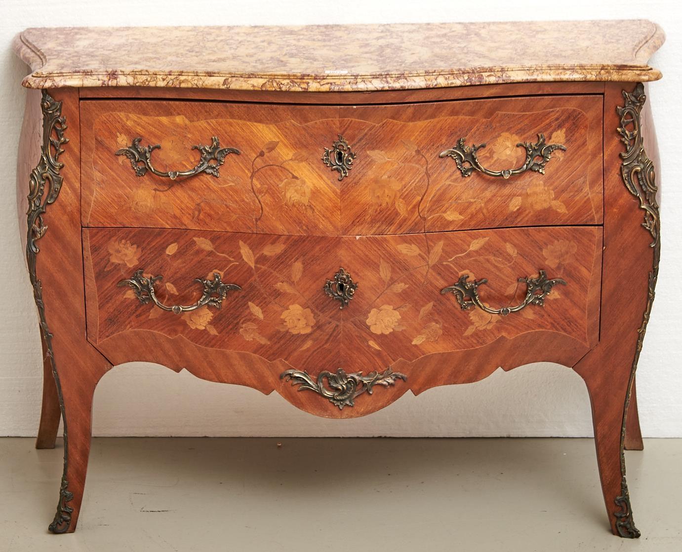 A French kingwood and marquetry commode, early 20th c, in Louis XV style, with sienna brocatelle