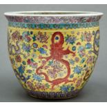 A  Chinese famille jaune ground  jardiniere, 20th c,   the body decorated with nine coloured