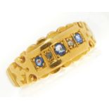 A Victorian five stone sapphire and diamond ring in 18ct gold, Chester 1900, 2.1g, size M Light