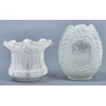 Two oviform or frilled and etched glass oil lampshades, c1910, 17 and 22cm h Undamaged