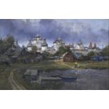 Sergei Ousik, 20th / 21st c - Rostov Monastery - Summer Evening, signed, pastel, 31 x 47cm Good