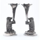 An unusual pair of Britannia metal glass eyed bridled bear novelty vases, c1880, 15.5cm h, by W W