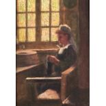 English School, 19th c - A Young Woman Knitting by a Window, oil on canvas, 29 x 20cm Dirty;