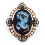 A rose cut diamond, split pearl and sardonyx cameo brooch-pendant in gold, 42 (excluding loop) x