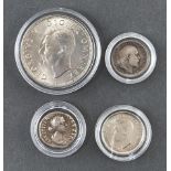 Silver coins. Faustina silver denarius 3.4g, half crown 1944 and two other silver coins