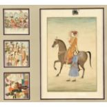 Indian School - A Prince on Horseback and three smaller miniatures, watercolour and bodycolour,