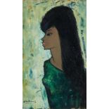 Dutch or German School, 20th c - Woman in a Green Dress, indistinctly signed, oil on paper, 35 x