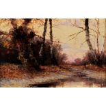 J Fox (FL late 19th century) - Woodland Scenes at Sunrise and Sunset, a pair, both signed, oil on