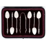 A set of six Victorian silver coffee spoons and pair of sugar bows, Apostle pattern with spiral