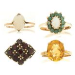 Four gold rings, variously gem set, variously marked, 10.8g, sizes K½, M and P Good condition with