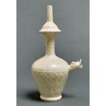 A Chinese white glazed porcelain ablution bottle with moulded decoration, 20th c, animal head