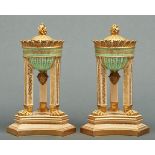 A pair of French porcelain brule parfums and covers, mid 19th c, in Empire style, the gilt