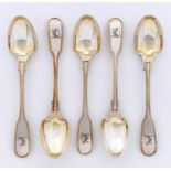 A set of five William IV silver gilt egg spoons, Fiddle and Thread pattern, Carmichael crest, by