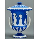 A blue jasper dip Campana vase and cover, 19th c, sprigged with a sacrifice to love, 14.5cm h,