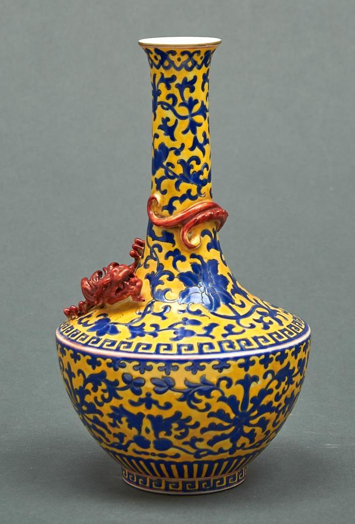 A Chinese yellow ground dragon vase, Qianlong mark, 20th c, enamelled in blue with lotus meander,