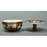 A Wedgwood octagonal bone china black Tonquin pattern bowl and stand, late 20th c, bowl 23cm w,