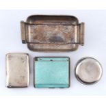 A silver lady's cigarette case, an oblong dish and two other silver articles, dish 13cm l, various