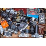 Miscellaneous vintage and later cameras, camera lenses, flash guns, including Rolleicord, Olympus,