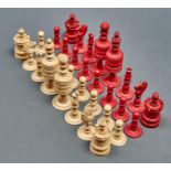 A Victorian bone and red stained bone Barleycorn chess set, kings 10cm h, Small cracks to both