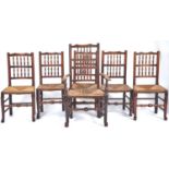 Six ash spindle back chairs including an elbow chair, late 19th c, rush seated, seat heights