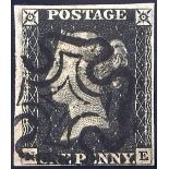 Great Britain Postage Stamps  1840 1d plate, 1b N E with almost complete block MC cancellation, fine