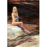 D Jenkins, 20th c - Bather on a Rock, signed, oil on board, 48 x 34cm Good condition, mount and