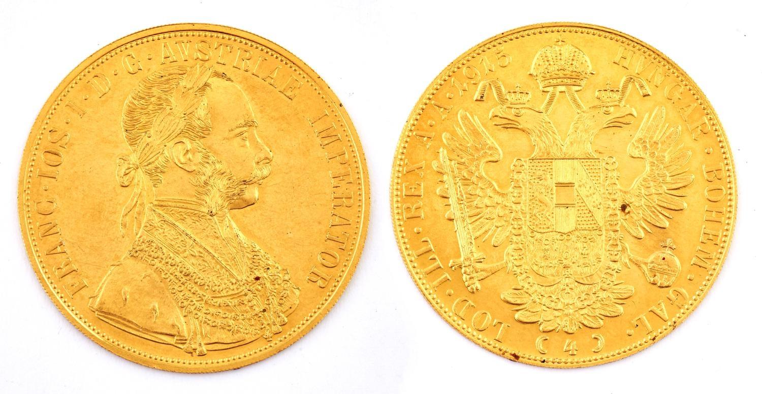 Gold coin. Austria Hungary four ducats, 1915 re-strike, 14g Good condition