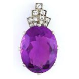 An amethyst and diamond pendant, in white gold coloured metal, 29mm h, 6g Good condition, save for